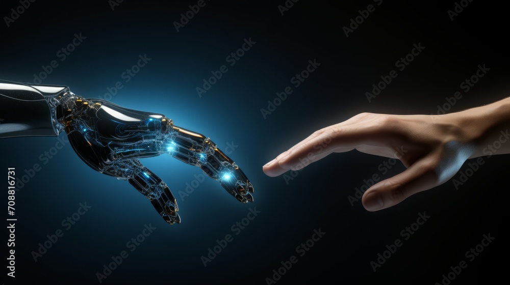 Human and Robot Hand Reaching Out to Each Other - Symbolic Interaction Between AI and Humanity, Future of Robotics and Ethics