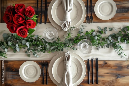Romantic dinner table seen from above with plates, cutlery and flowers, Valentine's Day dinner