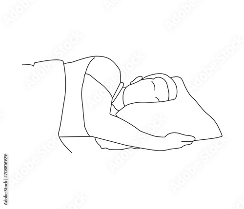 vector continuous line drawing of sleeping young man 
 lies in bed 