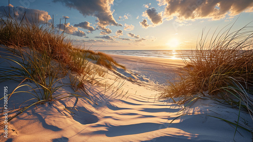 Step onto the dune beach at sunset.