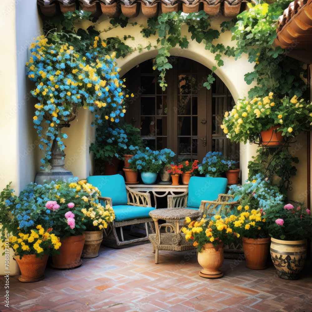 Mediterranean Patio Elegance: Turquoise Arrangement Charm Mediterranean Patio Elegance: Turquoise Arrangement Charm