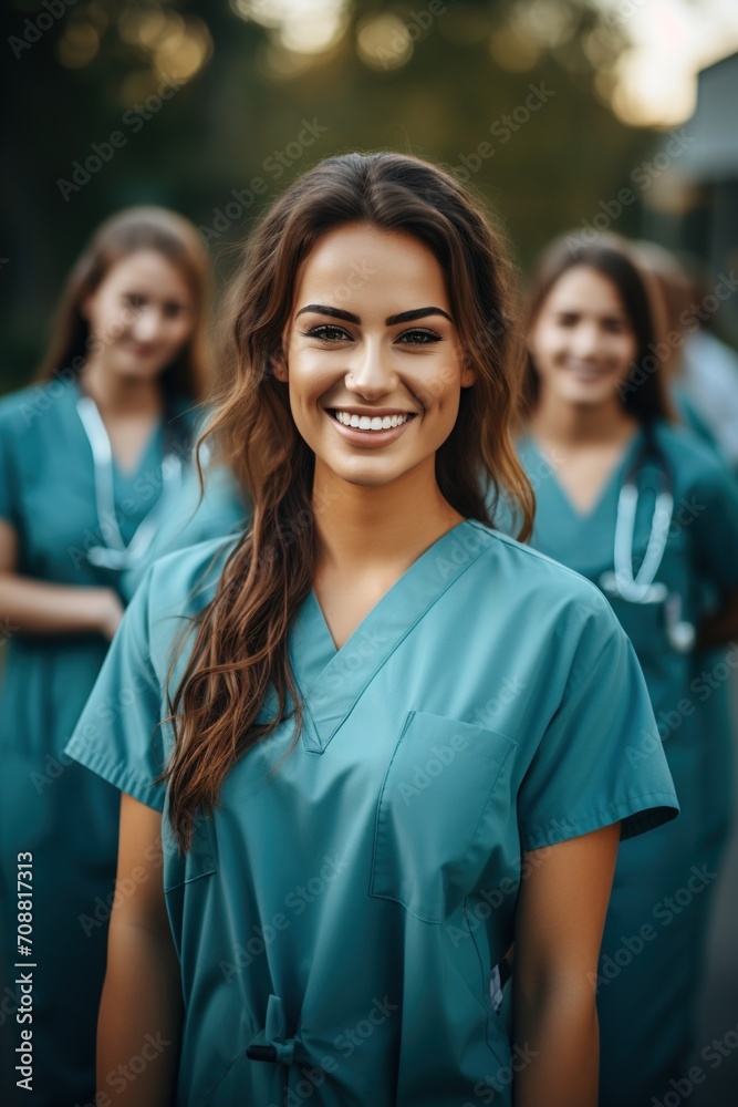 Confident female surgeon with colleagues in the background Confident female surgeon with colleagues in the background