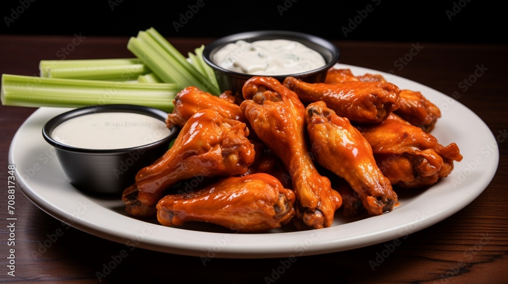 A plate of spicy buffalo wings with celery sticks and blue cheese dip.