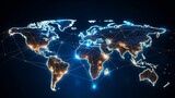 Illuminated global network connections on world map depicting international communication and data exchange