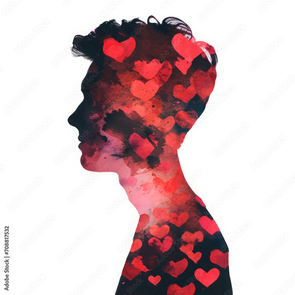 Saint Valentine's Day Abstract Double Exposure Photo Watercolor Man Silhouette with Vibrant Red and Pink Hearts - Artistic and Romantic Conceptual Design Saint Valentine's Day Abstract Double Exposure Photo Watercolor Man Silhouette with Vibrant Red and Pink Hearts - Artistic and Romantic Conceptual Design
