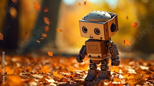 Curious Little Robot Exploring the Wonders of Autumn, Walking Among Fallen Leaves in a Forest