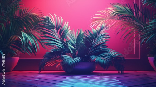 Indoor Plants and Leaves Graphic Background Vaporwave and 80's Colors 