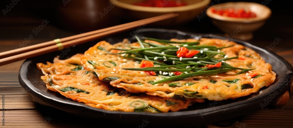 Pajeon with chives and red pepper on bamboo basket, South Korea Pajeon with chives and red pepper on bamboo basket, South Korea