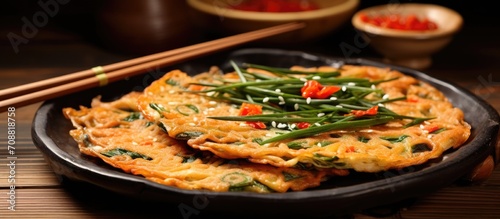 Pajeon with chives and red pepper on bamboo basket, South Korea