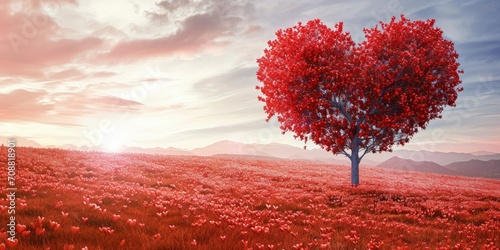 Heart-shaped tree with red leaves in meadow with red flowers  Valentine s Day