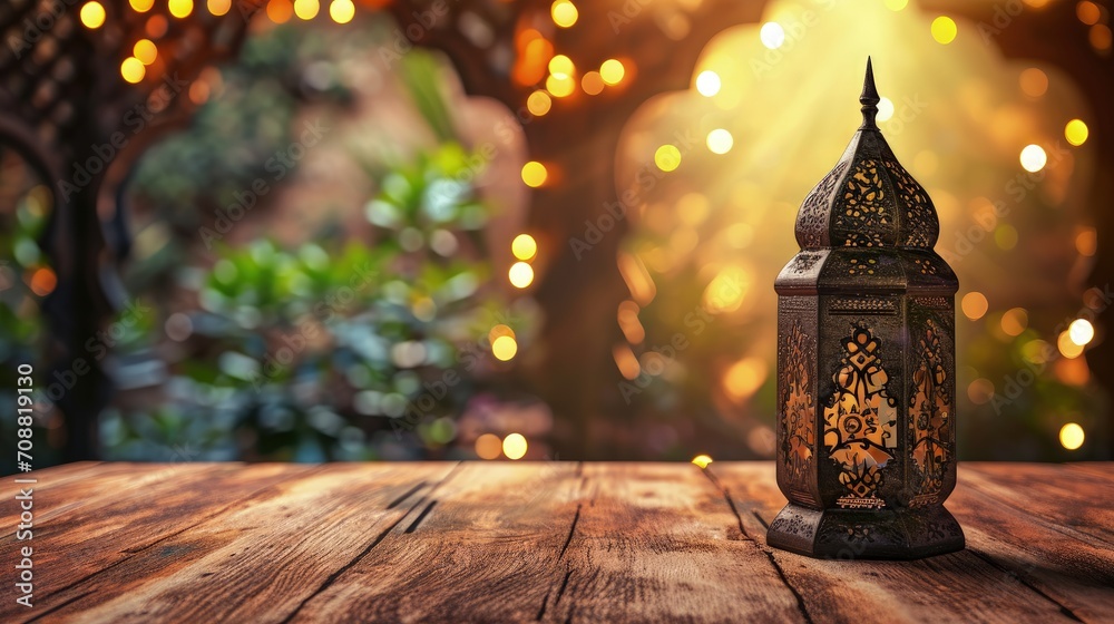Ramadan card with arabic lantern on wooden table