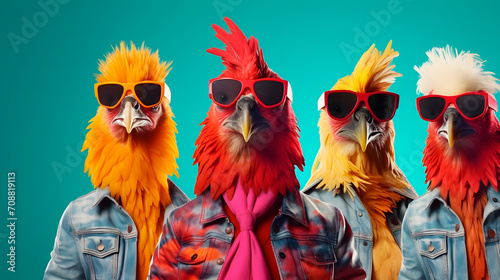 Creative animal concept. Rooster bird in a group, vibrant bright fashionable outfits isolated on solid background advertisement, copy text space.