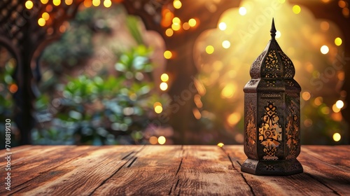 Ramadan card with arabic lantern on wooden table photo