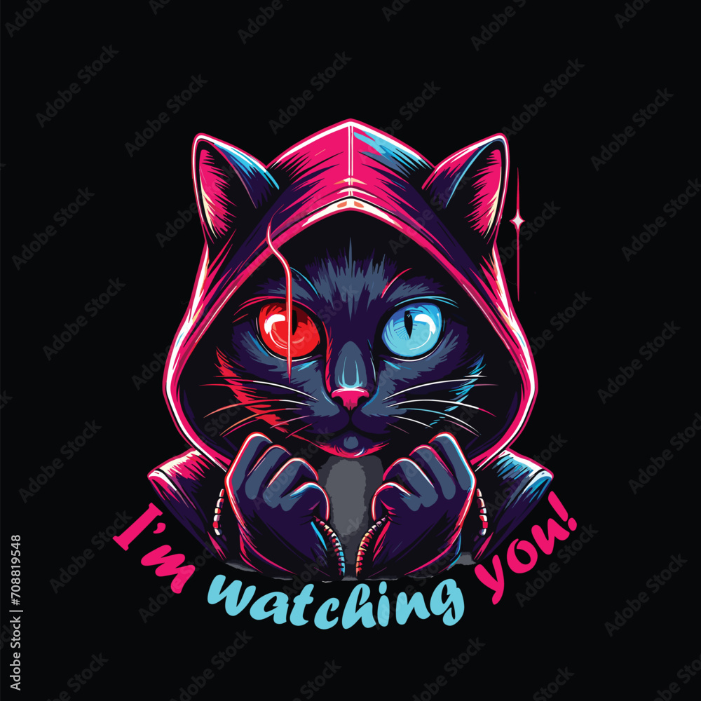 Cute lettering cool black evil cat wearing hoodie with red and blue bi colored eyes, typography eps cartoon concept vector illustration for t shirt, hoodie, clipart, poster, banner, sticker multiuse.