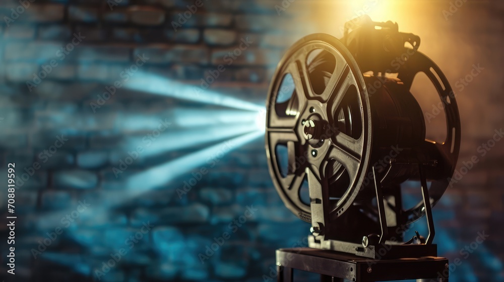 film projector on a wooden background with dramatic lighting and selective focus