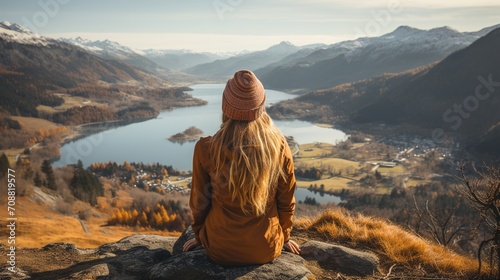 Woman in orange jacket looking at mountain lake landscape