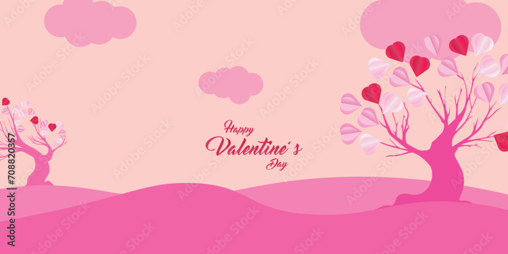 Valentine's day concept love illustration of tree with heart shaped leaves growing in paper cut style