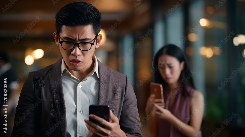 asian people looking at the phone with concern, watching a bad news on the phone - obrazy, fototapety, plakaty 