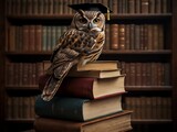 An owl on book wearing graduation cap with books in libarary