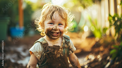 Child's muddy clothes and happy expression. Adventurous and carefree, the joy of outdoor play