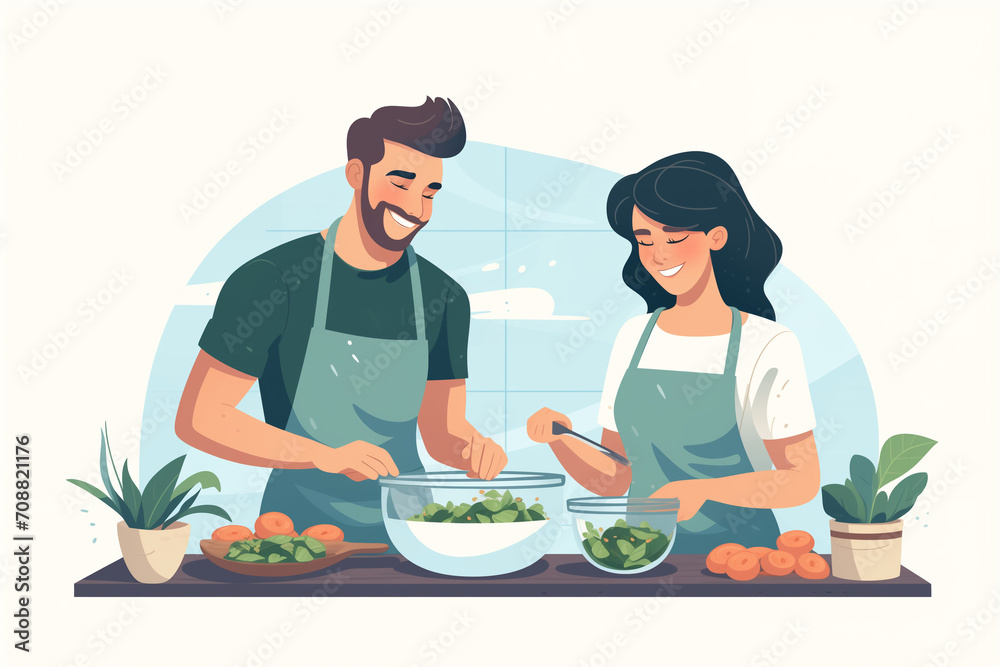 Cartoon picture of a couple helping each other cook in the kitchen. Generative Ai. Cartoon picture of a couple helping each other cook in the kitchen. Generative Ai.
