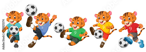 Set of tiger cartoon playing football. Vector illustration