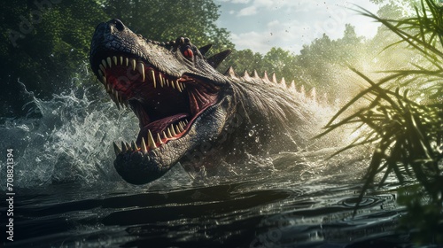 Spinosaurus hunting fish in swamp scene