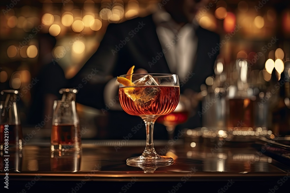 Classic Cocktail with Orange Twist on Elegant Bar Counter