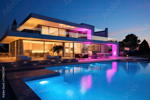 Luxurious Modern Villa with Illuminated Pool at Twilight © KirKam