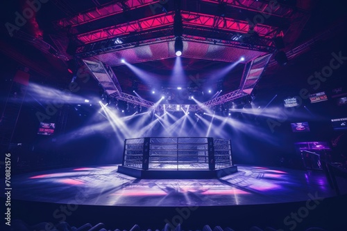 Dramatic MMA Cage Illuminated by Spotlight in an Arena