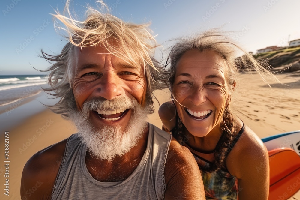 Joyful Senior Couple with Surfboard at the Beach