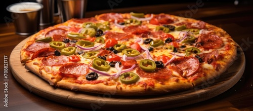 Spicy pizza featuring sauce  mozzarella  ham  pepperoni  bell pepper  jalapenos  olives  and parmesan served on traditional crust.