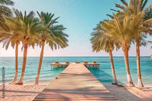 Tropical paradise getaway. Breathtaking ocean view from wooden pier on luxurious resort island showcasing clear blue waters palm trees and stunning sunset © Bussakon