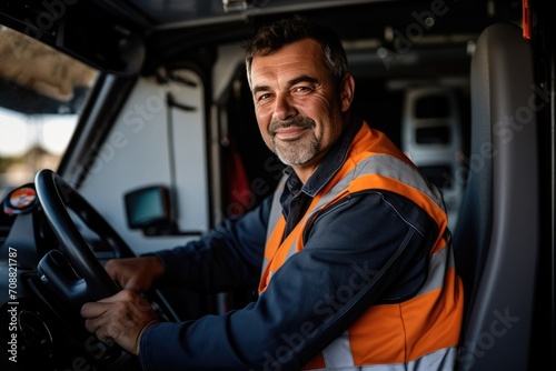Smiling Truck Driver in Cab of Semi-Truck © KirKam