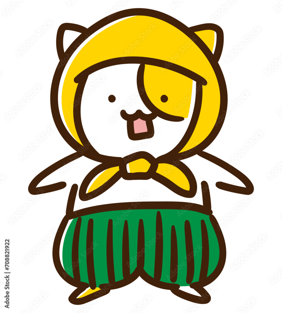 Obraz premium 防災頭巾をかぶってキメ顔をするかわいいねこのキャラクターのデフォルメイラスト