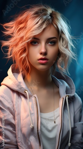 Portrait of a beautiful young woman with short blonde hair