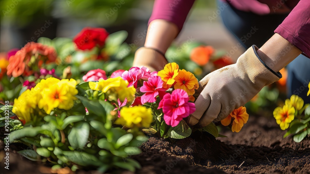 Hands planting colorful flowers
