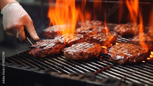 Close up of chef flipping juicy burgers on grill
