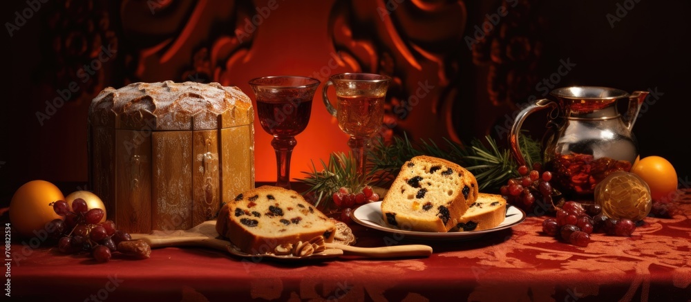 Holiday Panettone with raisins and dried fruits on a red tabletop, adorned with champagne and Christmas decorations, offering a warm and cozy seasonal ambiance.
