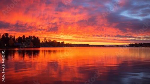 Beautiful sunset over a lake with trees in the background © Cloudyew