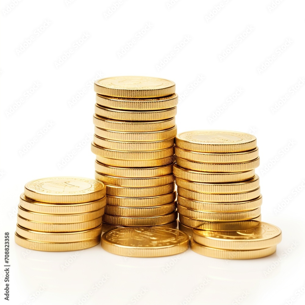 Three stacks of gold coins of different heights on a white background Three stacks of gold coins of different heights on a white background