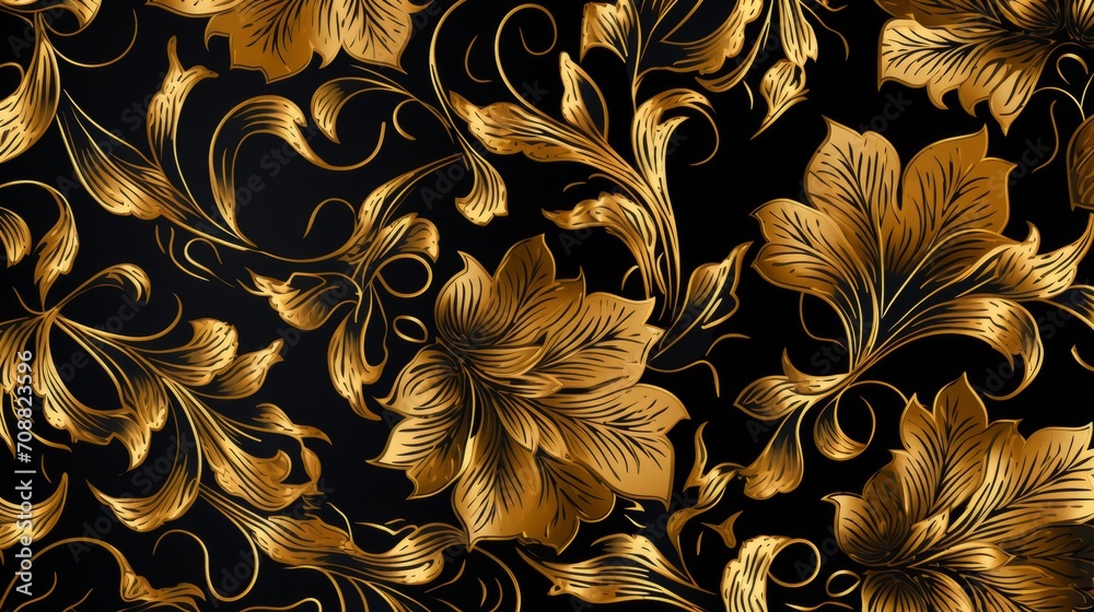 Black and gold wallpaper with gold flowers
