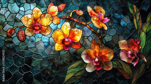 Stained glass window background with colorful Flower and Leaf abstract. #708824303