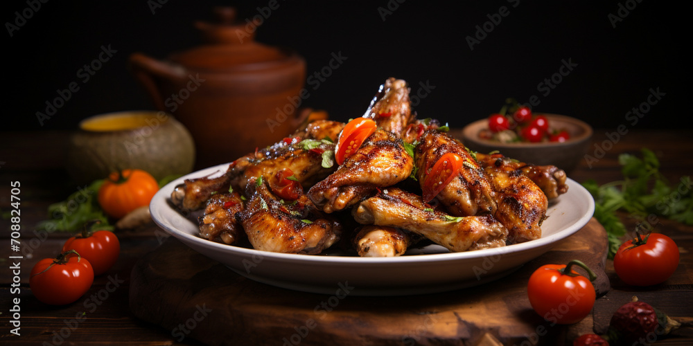 Buffalo wings with melted hot sauce on a wooden table with a blurred chicken wings grill Serving on a white plate on a table Barbecue restaurant menu a series of photos of different meats.