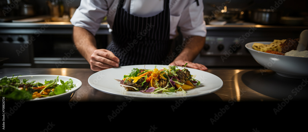 Cooks man serving meal in dishes on restaurant kitchen by AI generate. Cooks man serving meal in dishes on restaurant kitchen by AI generate.