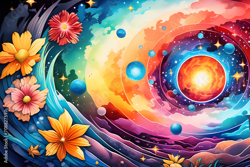 In the style of digital art, draw a colorful and complex image of the universe. Generative AI