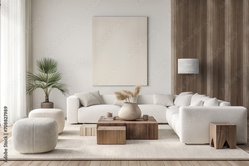 Fototapeta premium Modern Simplicity: Bright and Airy Living Space with White Sofa and Bright Furniture. Generative AI