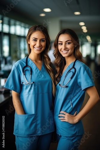 Two female nurses in blue scrubs smiling