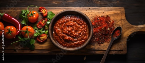 Chili paste and harissa sauce on wooden board.