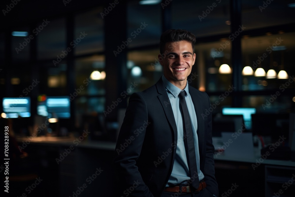Portrait of a handsome CEO businessman smiling at modern office, Generative AI Portrait of a handsome CEO businessman smiling at modern office, Generative AI